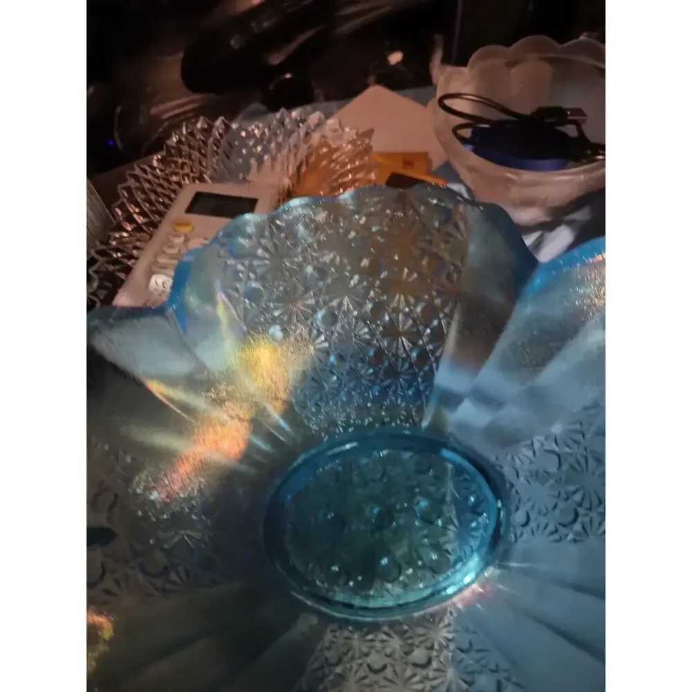 Vintage Fenton Art Glass Blue Iridescence Console Bowl With An Scalloped Fan